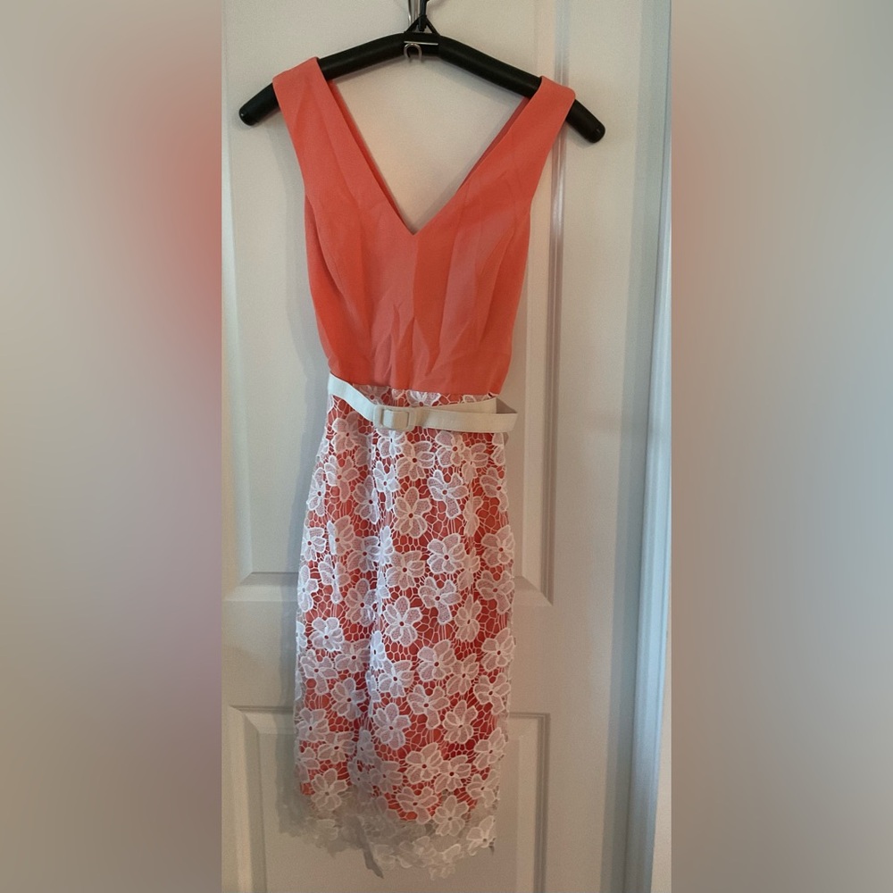 Badgley Mischka Coral and White Lace Midi Dress